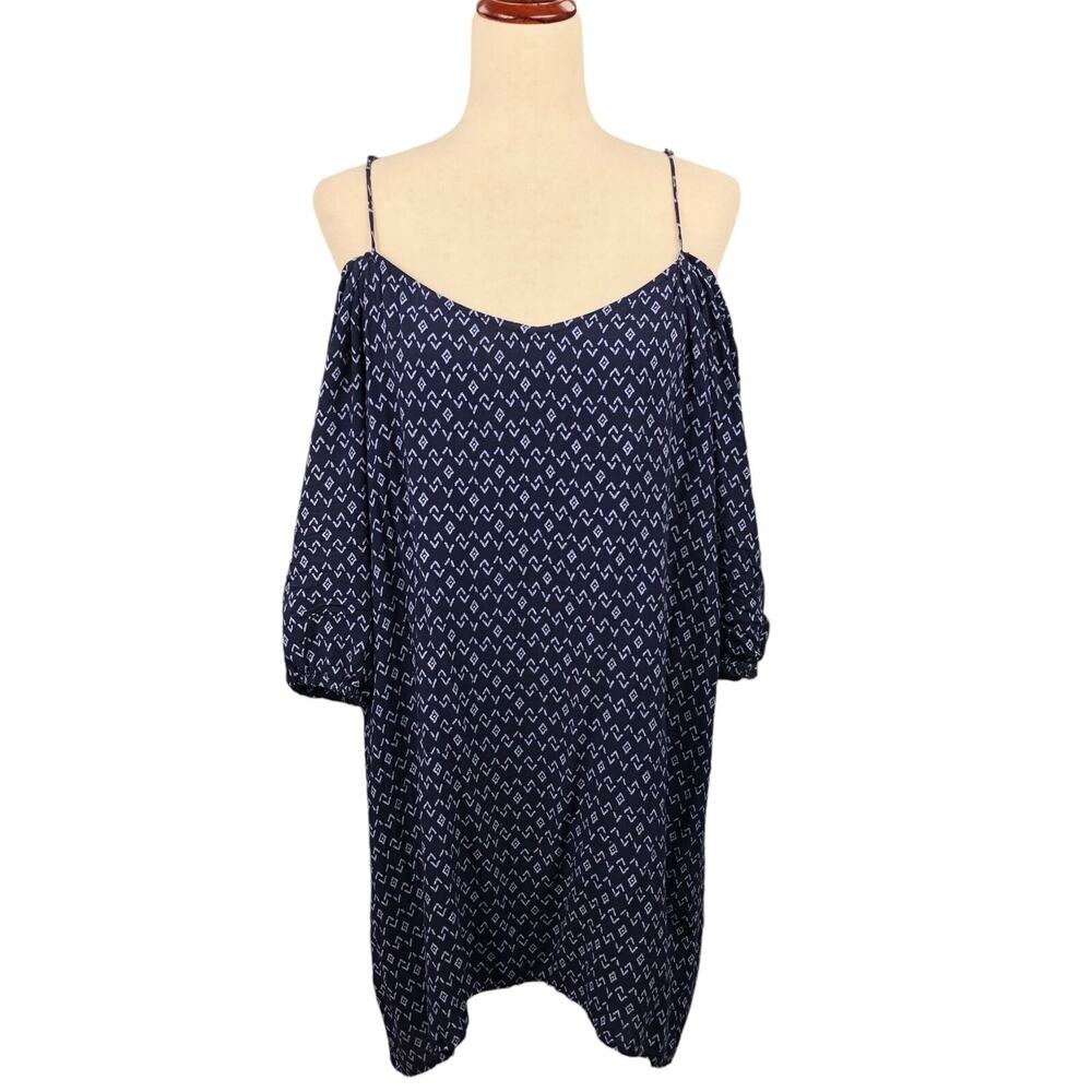 Cloth & Stone Dress Medium Blue Geometric Cold Shoulder 3/4 Sleeve Swing Womens